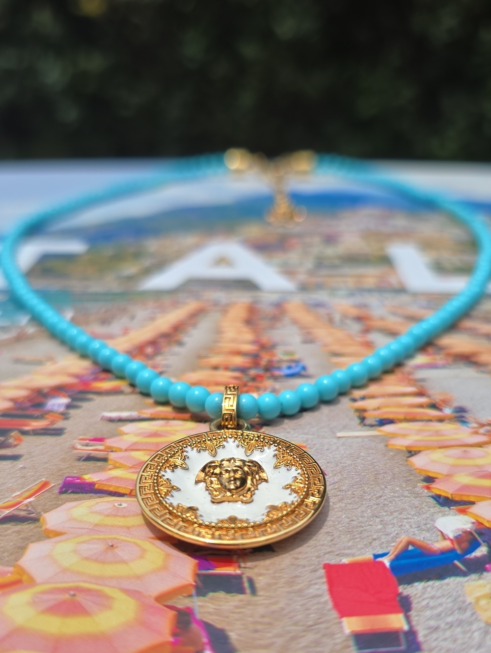 Versace Turquoise Beaded Necklace with Gold Medallion - Picture 3 of 8